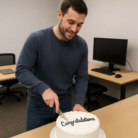 Man Dressed in Casual Clothing Cuts a White Cake