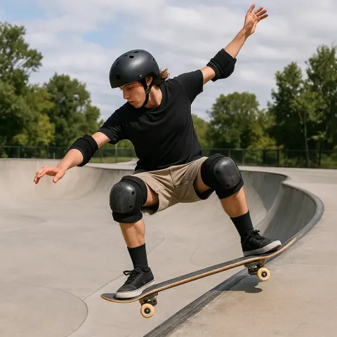 Skateboarder Wearing Protective Gear Performs a Trick on the Edge
