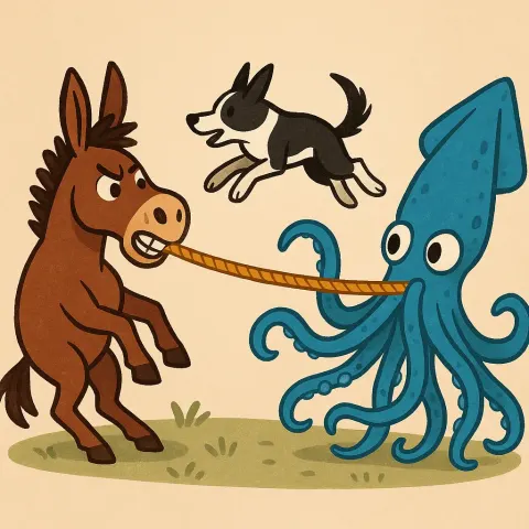 Resolute Brown Mule Holds One End of a Rope Tightly