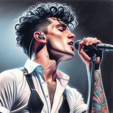 Color Pencil Portrait of Male Singer Under Stage Spotlight