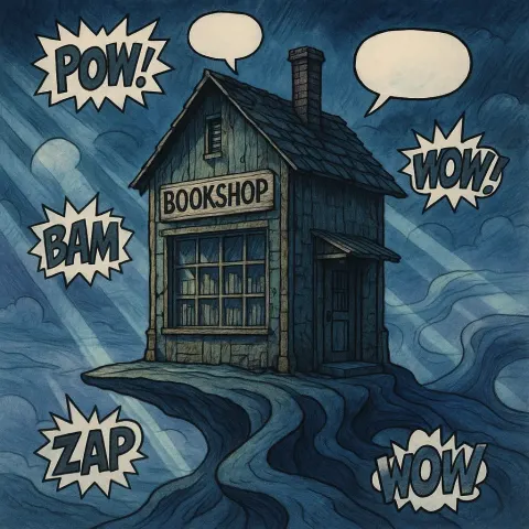 Weathered Bookshop with Comic-style Speech Bubbles and Onomatopoeia Nestles