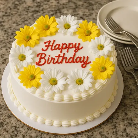 White Birthday Cake Decorated with Yellow and White Flowers