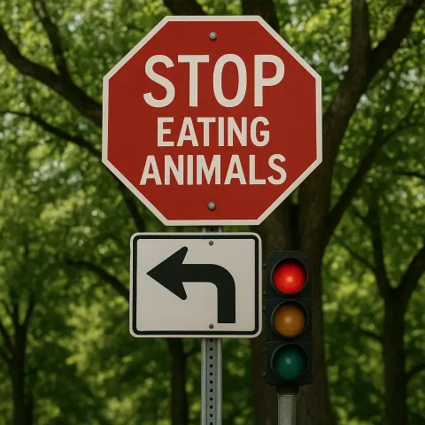 Stop Sign Modified to Say "STOP EATING ANIMALS"