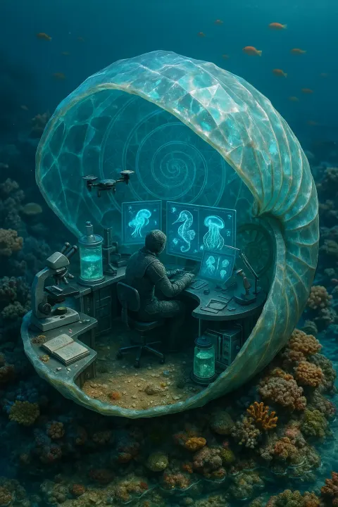 Imagine a Hyper-detailed Isometric 3D Representation of an Underwater Laboratory