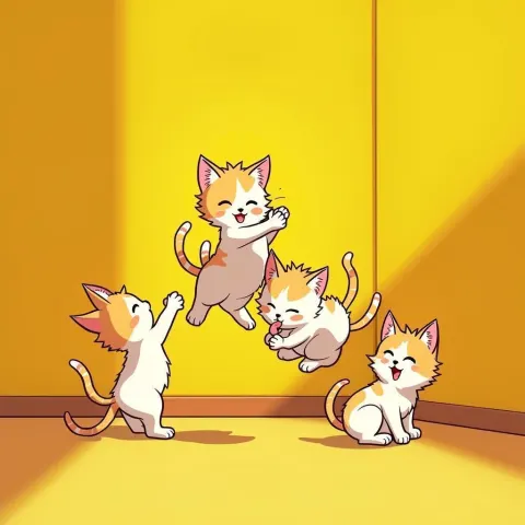 Kittens Frolicking in a Vibrant Yellow Room