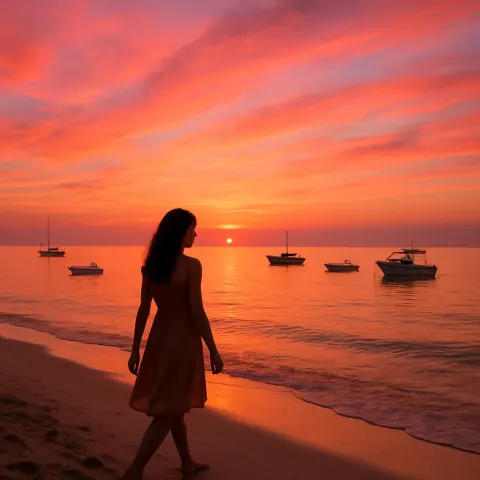 Woman Walks Along a Sandy Beach at Sunset