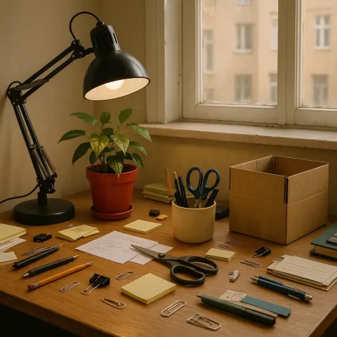 Cluttered Desk with a Lamp