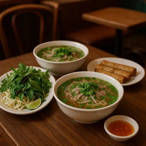 Table Set with Bowls of Noodle Soup