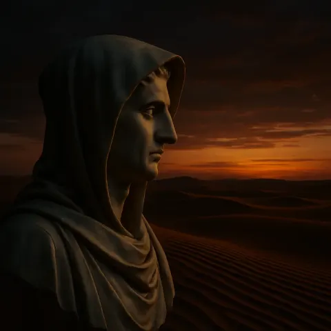 Classical Roman Capuchin Bust Surveys Rippling Sunset Dunes