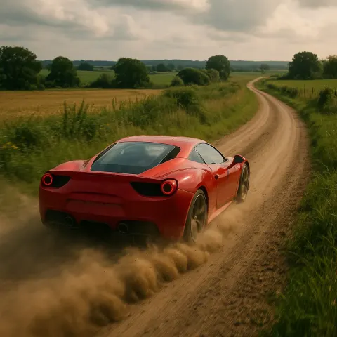 Scarlet Sports Car Sped Along the Winding Country Road