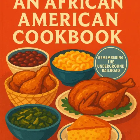 Vibrant Cookbook Cover Titled "An African American Cookbook" Featuring Colorful