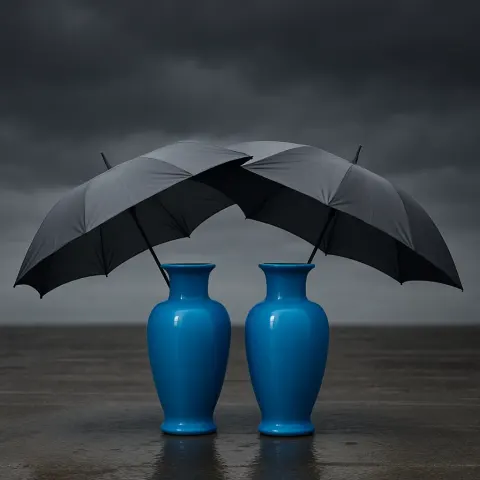 Beneath Two Open Grey Umbrellas