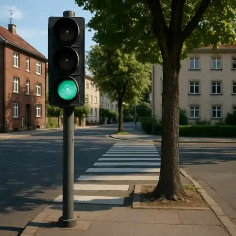 Traffic Light with a Green Signal Stands on a Street
