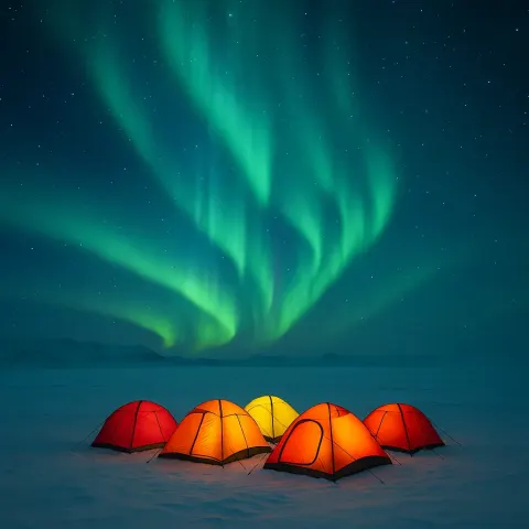 Small Cluster of Brightly Colored Expedition Tents Stands Starkly