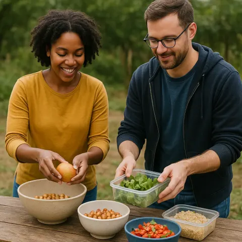 Two People Are Handling Food Items near a Table