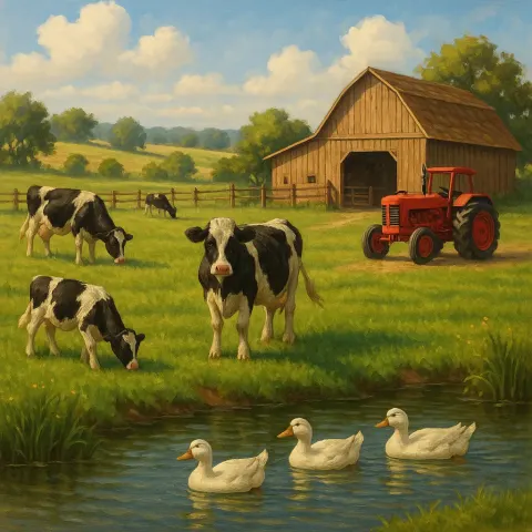 Rural Farm Setting Featuring Cows Grazing in a Meadow