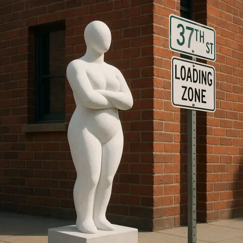 White Sculpture Stands near a Red Brick