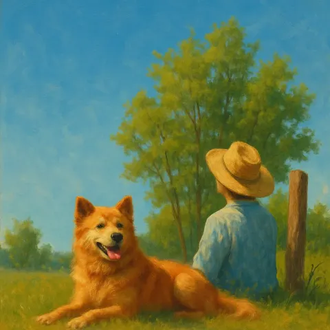 Happy Dog with Reddish-golden Fur Rests Peacefully in a Sunlit
