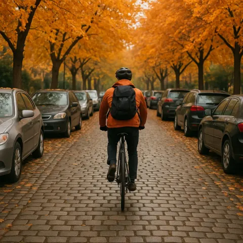 Cyclist Rides on a Cobblestone Street Surrounded by Parked Cars