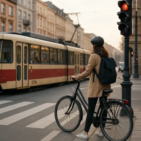 Woman Riding a Bicycle Waits at a Crosswalk