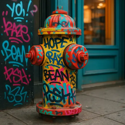 Vividly Colored Fire Hydrant Positioned Close to a Shop Entrance