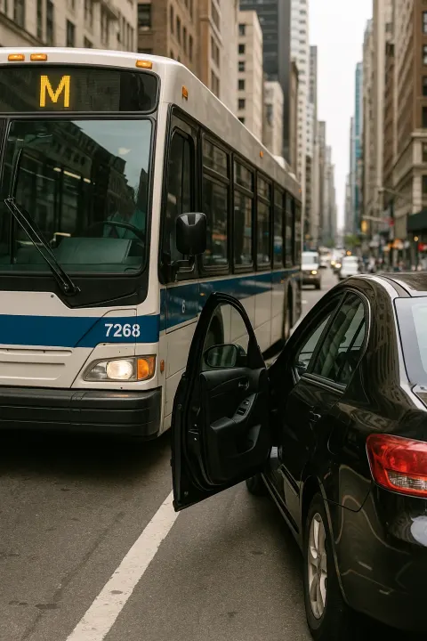 City Bus Passes Closely by a Parked Car