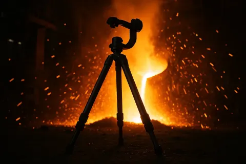 Against the Fiery Glow and Sparks of a Steel Foundry
