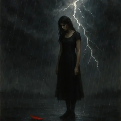 Woman in a Dark Dress Stands in the Rain
