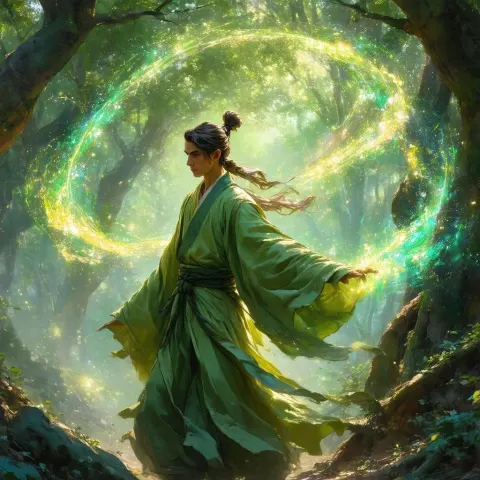 Robed Apprentice Air Bending in Enchanted Forest