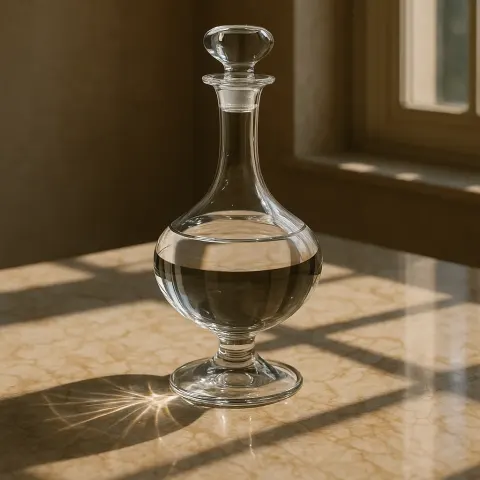 Impeccable Glass Decanter Stands Upside-down Atop a Sleek Marble Countertop