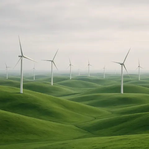 Many Distant Wind Turbines Slowly Turn their Blades Across Rolling