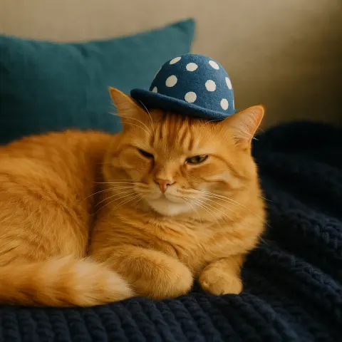 Fluffy Ginger Cat Reclines Peacefully on a Deep Indigo Knitted