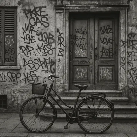 Black-and-white Image of a Parked Bicycle in Front