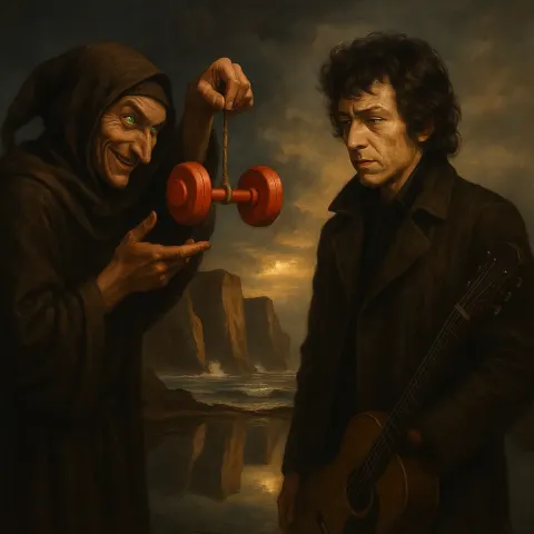 Emerald-eyed Medieval Trickster Dangles a Bright Dumbbell Before a Legendary