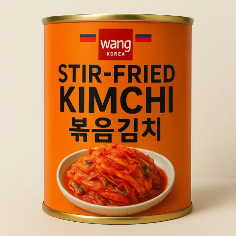 Canned Stir-fried Kimchi Product with "Wang Korea" Branding and Vibrant