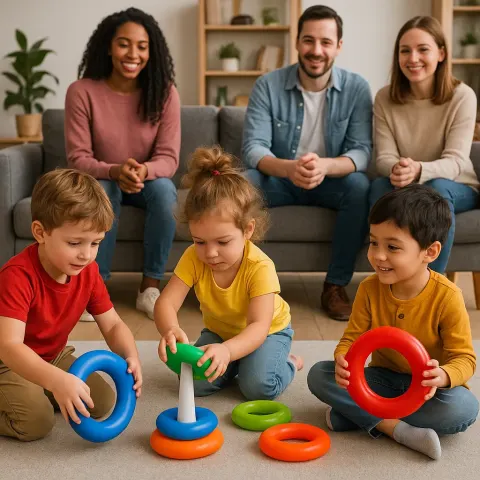 Children Playing with Colorful Rings Indoors While Adults Sit