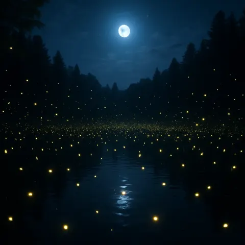 Vast Swarm of Glowing Fireflies Drifts over a Still