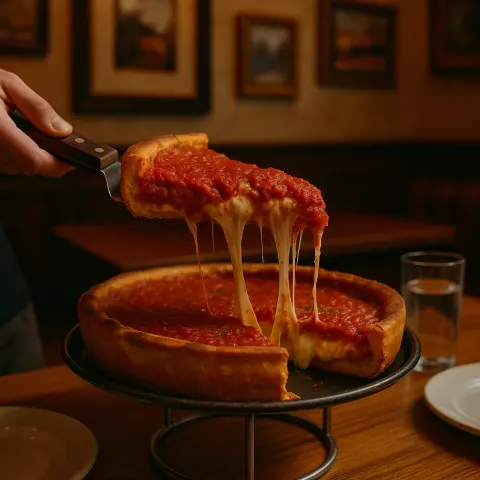Deep-dish Pizza Being Served at a Restaurant with a Cozy