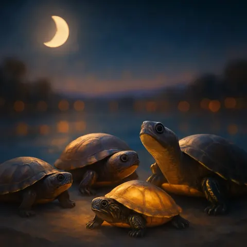 Diverse Mud Turtles Glow Warmly in Three-quarter Moonlight