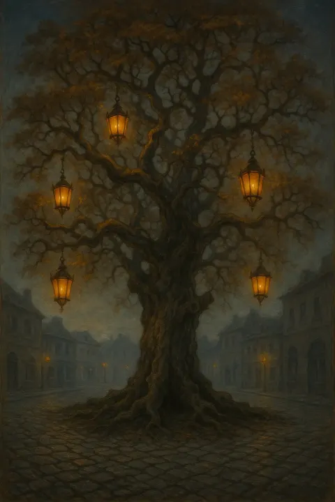 Detailed Oil Painting Showcasing a Centuries-old Oak Tree
