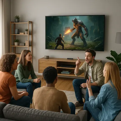 Group of People Gathered in a Modern Living Room Watching