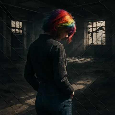Person Whose Vibrant Rainbow-streaked Hair Partially Obscures their Contemplative