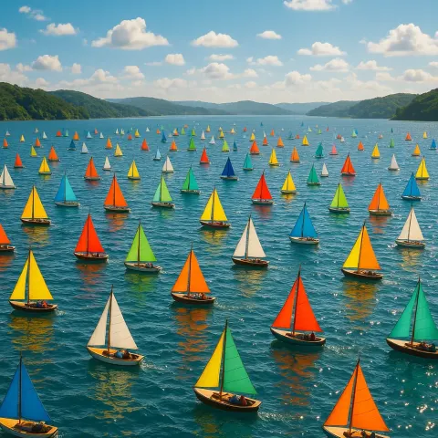 Myriad Tiny Boats with Colorful Sails Participate in a Regatta
