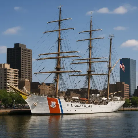 U.S. Coast Guard Tall Ship Docked near a Waterfront