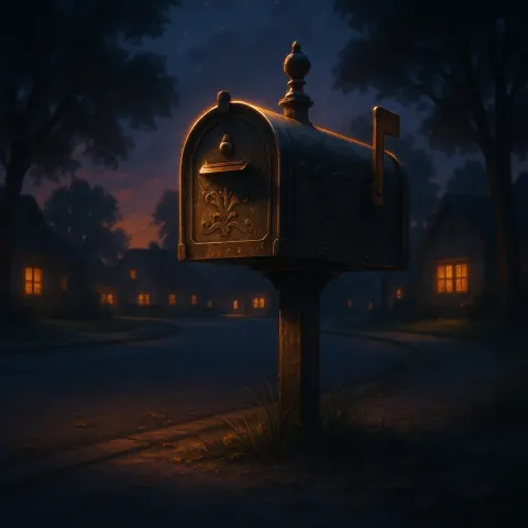 Peaceful Cul-de-sac at Dusk Reveals a Single Weathered Bronze Mailbox—its
