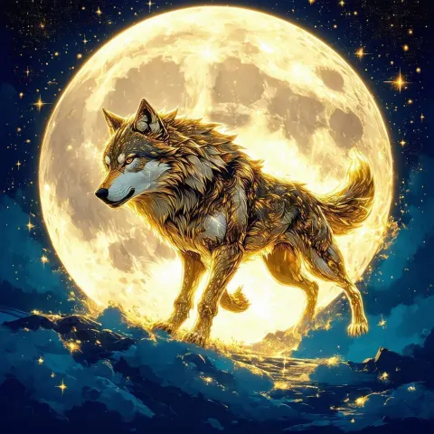 Gold Wolf Chasing a Glowing Chibi Moon