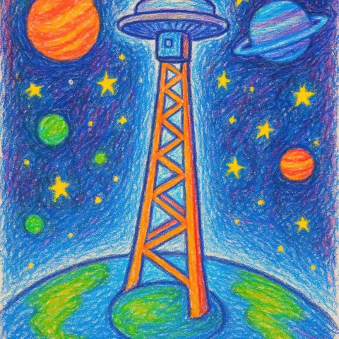 Playful Crayon Illustration Depicting a Space Elevator