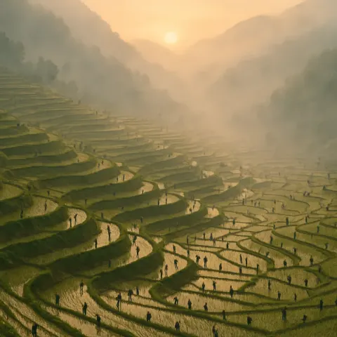 Innumerable Tiny Figures Populate the Terraced Rice Paddies