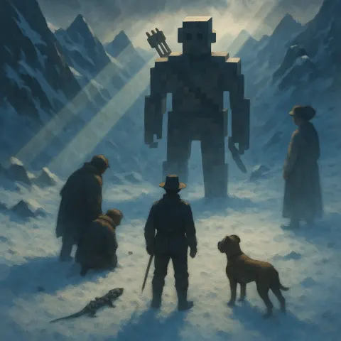 Crisp Cool Twilight Backlights Figures Against Jagged Snow-capped Peaks