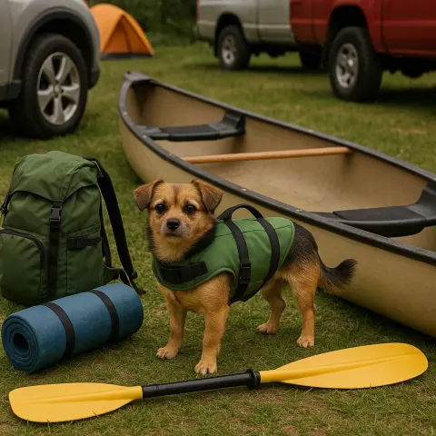 Small Dog Wearing a Green Life Vest